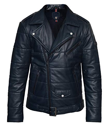 Blueorn Herren Lederjacke Steppjacke Mit Bikerlook Echtes Leder Blau (L, Blau) von Blueorn