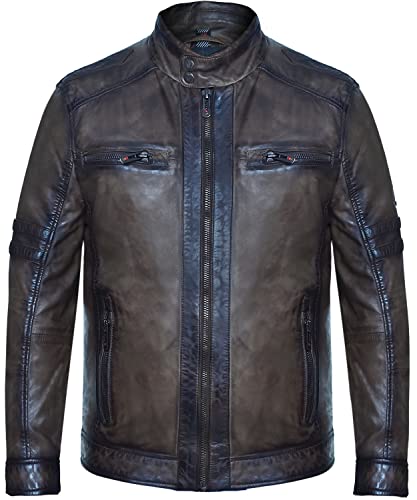 Blueorn LIAM Lederjacke Herren im Bikerstil - Bikerjacke Übergangsjacke Vintage Jacke mit Stehkragen aus Lamm Nappa echt Leder in Braun (as3, alpha, 3x_l, regular, regular, Burnt Olive) von Blueorn