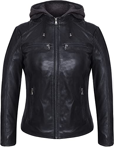 Bluepiel Adele Lederjacke Damen Echtleder Bikerjacke Damen mit abnehmbarer Kapuze aus Lammnappa Leder im Biker Look Schwarz (as3, alpha, x_l, regular, regular) von Bluepiel