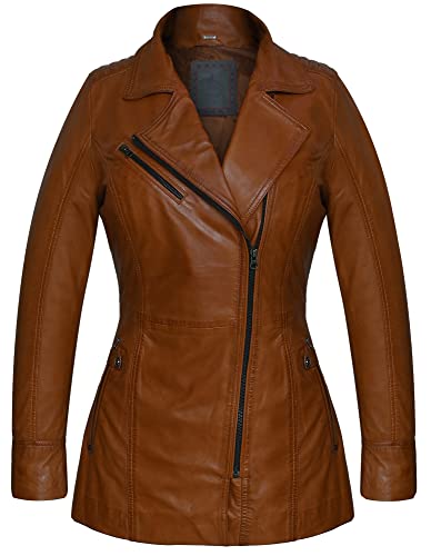 Bluepiel Damen Ledermantel Vera - Echtleder Kurzmantel Übergans Ledermantel aus feinstem Lammnappa Leder mit Reverskragen (DE/NL/SE/PL, Alphanumerisch, XL, Regular, Regular, Cognac) von Bluepiel