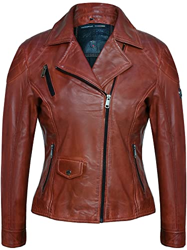 Bluepiel Eleni Lederjacke Damen - Modernen Bikerjacke Echtleder Jacke Übergangsjacke Tailliert mit Reverskragen Braun aus feinstem Lammnappa Leder (as3, alpha, 3x_l, regular, regular, Cognac, 3XL) von Bluepiel