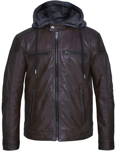 Bluepiel Herren Lederjacke Felix Bikerjacke Jacke aus Lammnappa Leder Abnehmbarer Hoodie-Kapuzen Übergangsjacke Echtlederjacke Freizeitjacke (DE/NL/SE/PL, Alphanumerisch, XXL, Regular, Regular, Braun) von Bluepiel