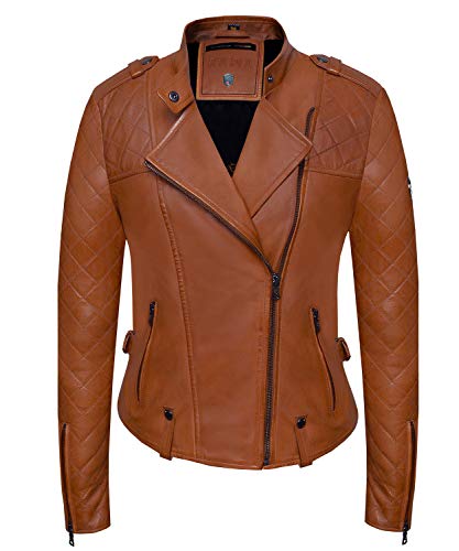 Bluepiel Marian Lederjacke Damen Mit Modernen Steppungen Im Biker-look Aus Echtem Lammleder Reverskragen Cognac (XS) von Bluepiel