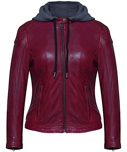 Bluepiel Olena Vintage Lederjacke Damen - Echtleder Bikerjacke mit abnehmbarer Kapuze aus Lammnappa Leder im Biker – Look (DE/NL/SE/PL, Alphanumerisch, M, Regular, Regular, Rot) von Bluepiel