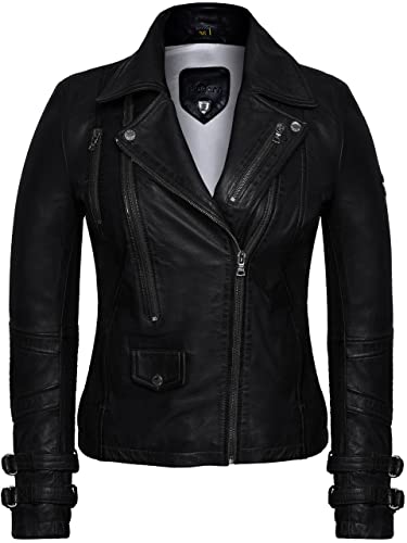 Bluepiel Poula Damen Lederjacke - Modernen Biker-Look - Echt Leder Jacke Rot Tailliert mit Reverskragen aus feinstem Lammnappa Leder (as3, alpha, l, regular, regular, Schwarz) von Bluepiel