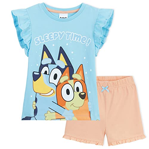 Bluey Pyjama Kinder Kurz - Paar T-Shirt und Kurzer Schlafanzug Mädchen - Schlafanzug Kinder kurz, Shorty Pyjamas für Jungen und Mädchen 2–6 Jahren (Blau/Aprikose, 4-5 Jahre) von Bluey