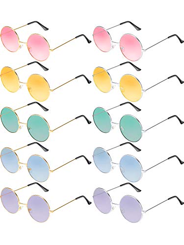 Blulu 10 Paar Runde Hippie Sonnenbrille John 60's Stil Kreis Farbige Gläser (Gold Silber Rahmen) von Blulu