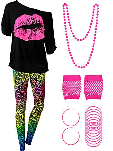 Blulu 80er Jahre Damen Kostüm Set, T Shirt, Legging Hose Ohrring Halskette Handschuhe Armband(Kurz Ärmel Leopard,XL) von Blulu