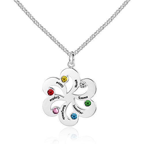 Bo&Pao Namenskette Blume mit 1 bis 6 Namen und Geburtssteine 925 Sterling Silber, Familien Kette mit Gravur von Bo&Pao