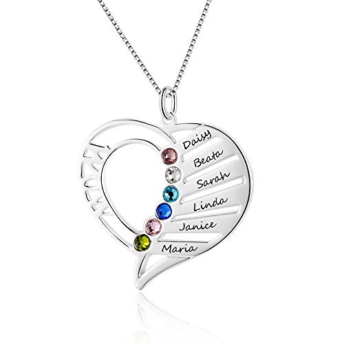 Bo&Pao MOM Namenskette Herz mit Namen und Geburtssteine, invididuelle Herz Mom Kette 925 Sterling Silber mit Gravur von Bo&Pao