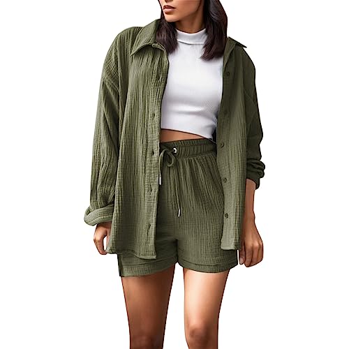 Boboar Musselin Zweiteiler Damen Sommer Outfit Musselin Bluse und Shorts 2 Teiler Kleidung Elegant Strand Urlaub Lounge Damen Set Bluse und Shorts Two Piece Set Women von Boboar