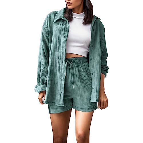 Boboar Musselin Zweiteiler Damen Sommer Outfit Musselin Bluse und Shorts 2 Teiler Kleidung Elegant Strand Urlaub Lounge Damen Set Bluse und Shorts Two Piece Set Women von Boboar