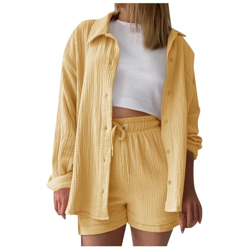 Boboar Musselin Zweiteiler Damen Sommer Outfit Musselin Bluse und Shorts 2 Teiler Kleidung Elegant Strand Urlaub Lounge Damen Set Bluse und Shorts Two Piece Set Women von Boboar