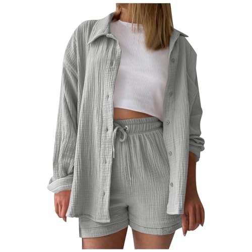 Boboar Musselin Zweiteiler Damen Sommer Outfit Musselin Bluse und Shorts 2 Teiler Kleidung Elegant Strand Urlaub Lounge Damen Set Bluse und Shorts Two Piece Set Women von Boboar