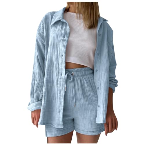 Boboar Musselin Zweiteiler Damen Sommer Outfit Musselin Bluse und Shorts 2 Teiler Kleidung Elegant Strand Urlaub Lounge Damen Set Bluse und Shorts Two Piece Set Women von Boboar