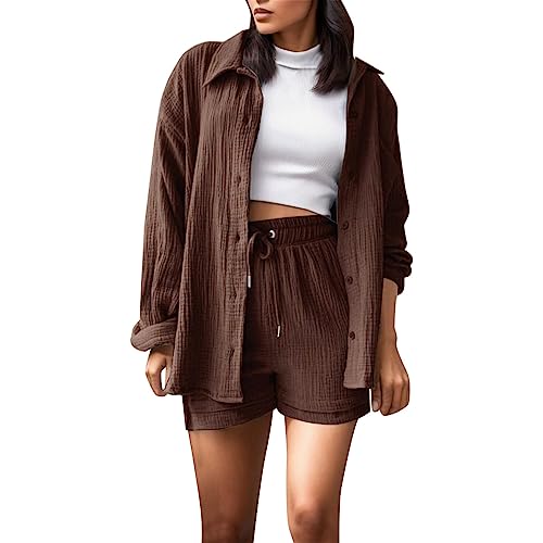 Boboar Musselin Zweiteiler Damen Sommer Outfit Musselin Bluse und Shorts 2 Teiler Kleidung Elegant Strand Urlaub Lounge Damen Set Bluse und Shorts Two Piece Set Women von Boboar