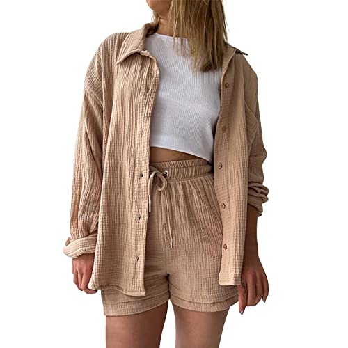 Boboar Musselin Zweiteiler Damen Sommer Outfit Musselin Bluse und Shorts 2 Teiler Kleidung Elegant Strand Urlaub Lounge Damen Set Bluse und Shorts Two Piece Set Women von Boboar