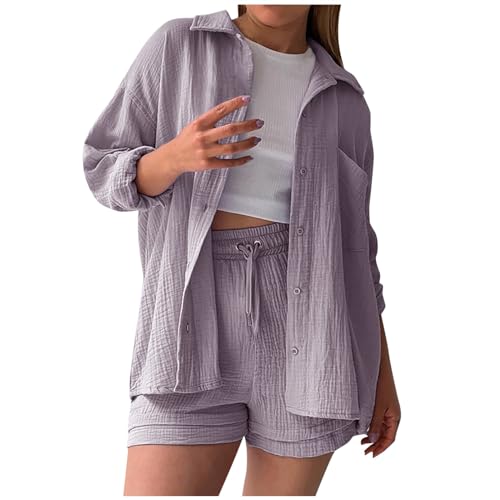 Boboar Musselin Zweiteiler Damen Sommer Outfit Musselin Bluse und Shorts 2 Teiler Kleidung Elegant Strand Urlaub Lounge Damen Set Bluse und Shorts Two Piece Set Women von Boboar