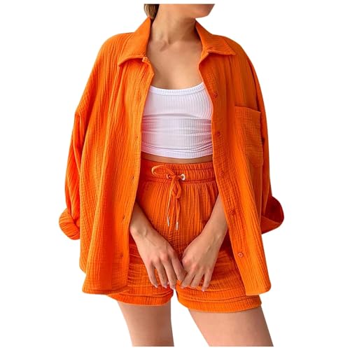 Boboar Musselin Zweiteiler Damen Sommer Outfit Musselin Bluse und Shorts 2 Teiler Kleidung Elegant Strand Urlaub Lounge Damen Set Bluse und Shorts Two Piece Set Women von Boboar