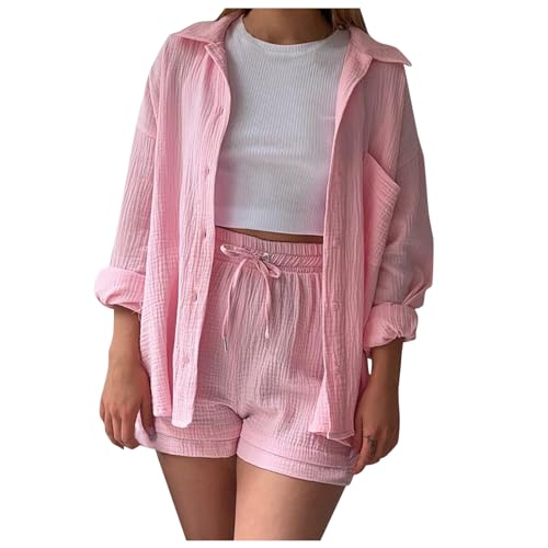 Boboar Musselin Zweiteiler Damen Sommer Outfit Musselin Bluse und Shorts 2 Teiler Kleidung Elegant Strand Urlaub Lounge Damen Set Bluse und Shorts Two Piece Set Women von Boboar