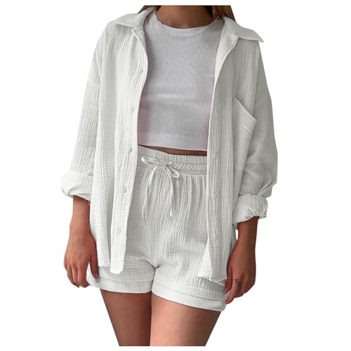 Boboar Musselin Zweiteiler Damen Sommer Outfit Musselin Bluse und Shorts 2 Teiler Kleidung Elegant Strand Urlaub Lounge Damen Set Bluse und Shorts Two Piece Set Women von Boboar