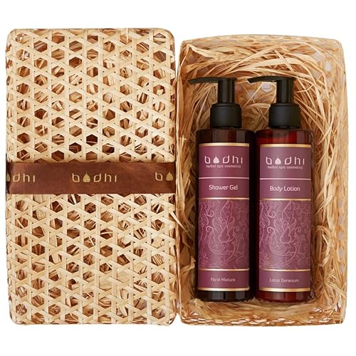 Bodhi Naturkosmetik Geschenkset BLUMEN-MIX 2x 250ml - beinhaltet Körpermilch und Duschgel, verpackt in schöner Handgemachter Palmblatt Box für Damen und Herren/Bio & Vegan von BODHI
