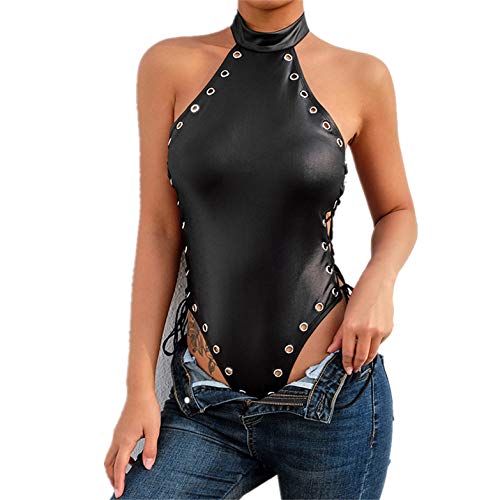 Damen Wetlook BodyLeder Bodysuit Brust Harness PU Leder Halsband mit Kette Erotik String Body Unterwäsche Gogo Unterwäsche Clubwear mit Neckholder von BodyGo