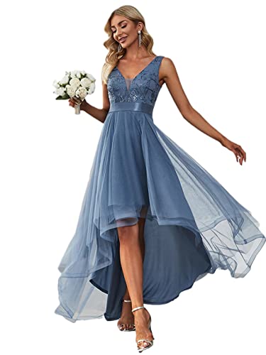 Bollrllr Damen Abendkleid, ärmellos, hoch, niedrig, V-Ausschnitt, Tüll, Abschlussball, Abendkleid, blaue Paillettenapplikation, Dusty Navy, 30 von Bollrllr