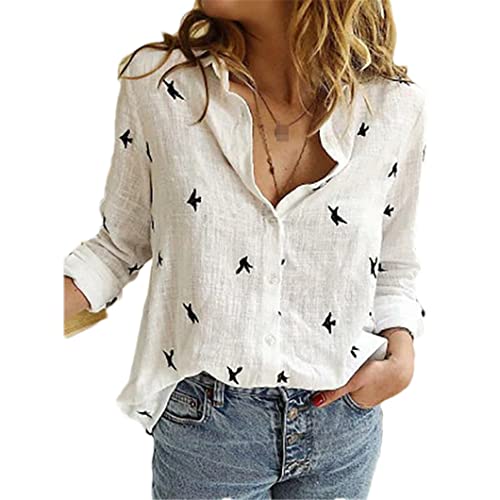 Bollrllr Damen Baumwolle Leinen Hemd Knopf Revers Cardigan Top Damen Lose Hemden Langarm Frühling Blusen von Bollrllr