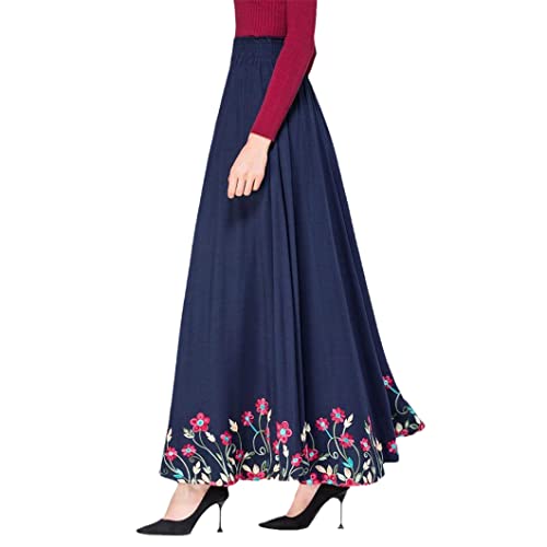 Bollrllr Damenrock mit Blumenstickerei, lang, plissiert, Baumwolle, Leinen, elastisch, hohe Taille, A-Linie, blau, 44 von Bollrllr