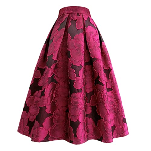 Bollrllr Vintage Elegant Damen Rosa Retro Floral Jacquard Hohe Taille Lang Midi Plissee Rock, 18, 48 von Bollrllr