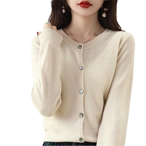 Damen Kaschmir Strickjacke Rundhals Pullover Frühling Herbst Winter Langarm Gestrickt Einfarbig Weiche Strickjacke Pullover, beige, XX-Large von Bollrllr