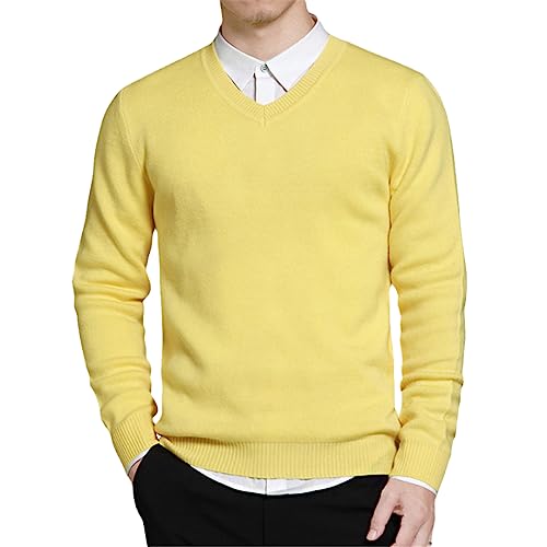 Herren Pullover Pullover V-Ausschnitt Fleece Baumwolle Strickpullover Einfarbig Übergroße Thermopullover, gelb, Medium von Bollrllr