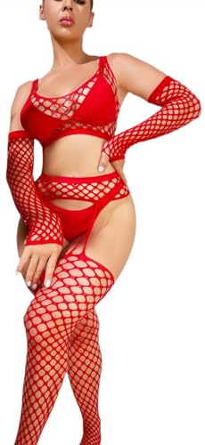 Bommi Fairy Damen Jumpsuit Outfit Netz Einteiler Sexy Frauen Fischnetz Kleid Dessous Nachthemden Chemise Nachtwäsche Handsocken + Top + Hosenträger Mesh-Socken (Rot) von Bommi Fairy