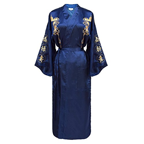Bon amixyl Herren Morgenmantel Bademantel Satin Seide Bademantel Kimono Mantel Drachen Stickerei Yukata Hakma Vintage, navy, M von Bon amixyl