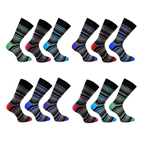 12 Paar Herren Baumwolle Diabetiker Soft Top Komfort Manschette Nicht Elastisch Wide Top Socken UK 6-11, Breite Streifen, Einheitsgröße von Bonjour