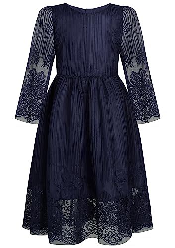 BONNY BILLY Mädchen Kleider Vintage Spitze Tüll Festlich Hochzeit Lang Langarm Weihnachtskleid Partykleid 3-4 Jahre/98-104 Blau von BONNY BILLY