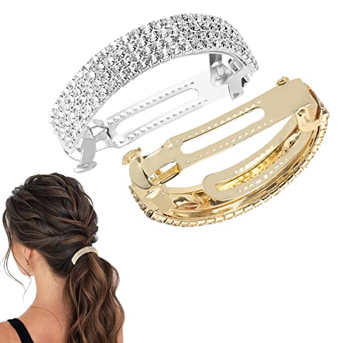 Boobeen 2 Pcs Strass Metall Frühling Haarspange Pferdeschwanz Halter Haarnadeln Kristall Pferdeschwanz Schnalle Clip Halbkreis Kristall Braut Haarspangen Zubehör für Frauen Mädchen, Silber und Gold von Boobeen