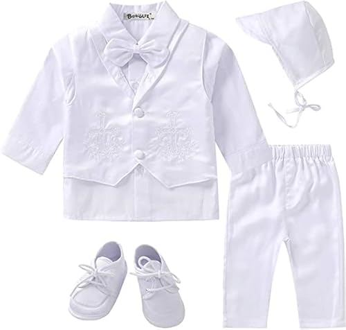 Booulfi Taufanzug Junge Baby Taufkleid Taufanzug Junge Anzug Baby Jungen Bekleidungsset Gentleman Set mit weißen Hemden Weste Hosen Schuhe Kappe, Taufe Geschenk, 0-3M von Booulfi