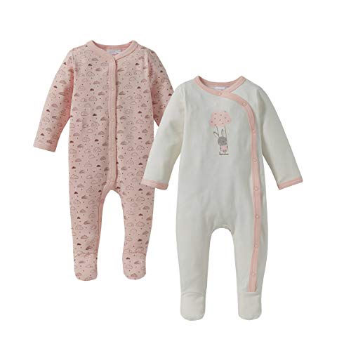 Bornino Basics Schlafoverall 2er-Pack rosa - Baby-Schlafanzug - Einteiler - Wolken- und Hasen-Print - angesetzte Füßchen - seitliche Druckknopfleiste - Größe 50 von Bornino