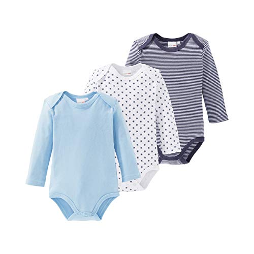 Bornino Wickelbody Basics blau, 3er-Pack, Baby, langarm, Baumwolle, Uni - Allover-Print - Ringel - Größe 86 von Bornino