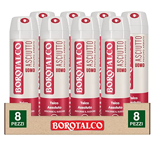 Borotalco Trockenes Lufterfrischer-Spray für Herren Deo 72 Stunden mit Talkum, absorbiert Schweiß ohne Alkohol, Duft Bernstein, 8 Flaschen à 150 ml von Borotalco