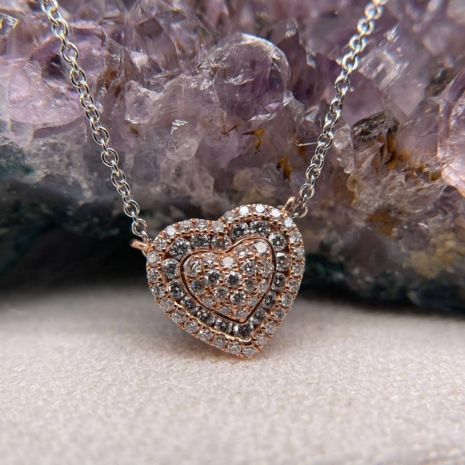 Herz Anhänger, Diamant Roségold 14K Anhänger Mit Weißgold Kette, Halskette von BostonAriaJewelry