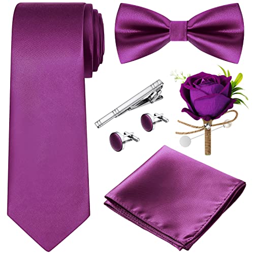 Boyiee 7 Krawatten für Herren Set, Krawatte Fliege Einstecktuch Krawattennadel Manschettenknöpfe Ansteckblume in Geschenkbox (Lila) von Boyiee