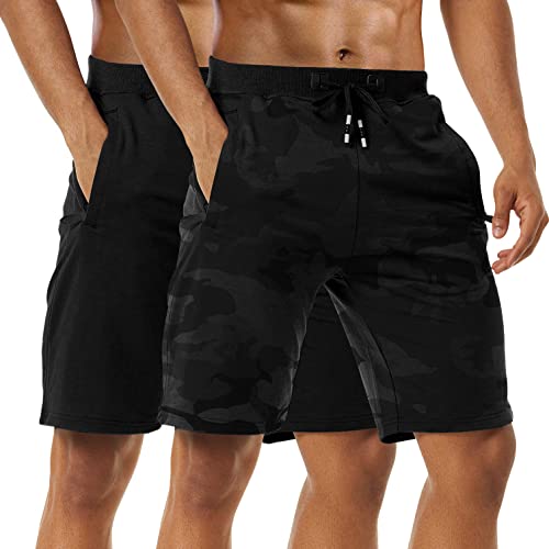 2er Pack Shorts Herren Kurze Hosen Baumwolle Sommer Sport Shorts Jogginghose Kurz Männer Sporthose Kurz Freizeithose Trainingshose Fitnesshose Laufshorts Mit Reißverschlusstasch Black/Camo Black-S von Boyzn