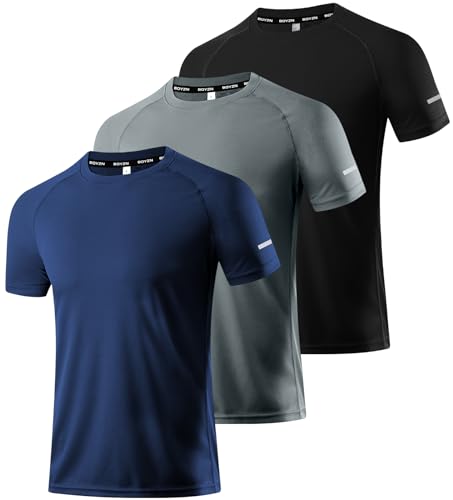 3er Pack Herren Sport T-Shirt Kurzarm Rundhals Atmungsaktiv Schnelltrocknendes Funktionsshirt Laufshirt Fitnessshirt Trainingsshirt für Running Workout Bodybuilding Black/Navy/Dark Grey-3P04-L von Boyzn