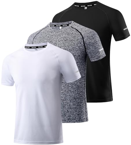 3er Pack Herren Sport T-Shirt Kurzarm Rundhals Atmungsaktiv Schnelltrocknendes Funktionsshirt Laufshirt Fitnessshirt Trainingsshirt für Running Workout Bodybuilding Black/White/HGrey-3P07-2XL von Boyzn