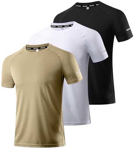 3er Pack Herren Sportshirt Atmungsaktiv Schnelltrocknendes Laufshirt Leichte Trainingsshirt Funktionsshirt Wandershirt Fitnessshirt Sommer Kurzarm T-Shirt für Männer Black/White/Khaki-3P12-L von Boyzn