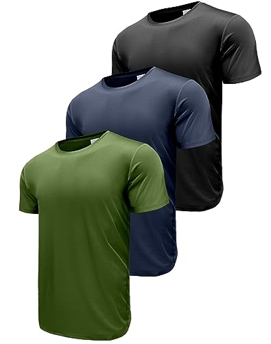 3er Pack T Shirt für Herren, Sport Tshirts Herren Laufshirt Kurzarm T-Shirt Funktionsshirt Atmungsaktiv Kurzarmshirt Sports Shirt Trainingsshirt Fitnessshirt für Männer Black/Navy/Army Green-3P14-XL von Boyzn