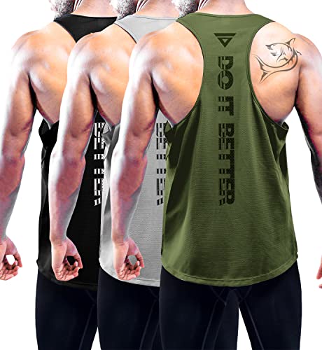 3er Pack Tank Top Herren, Ärmelloses Sport Muskelshirt Fitness Achselshirt Funktionsunterhemd, Atmungsaktive Cool Mesh Gym bodybuilding Sleeveless Funktionsshirt für Laufen Black/Gray/Green-3P05-L von Boyzn